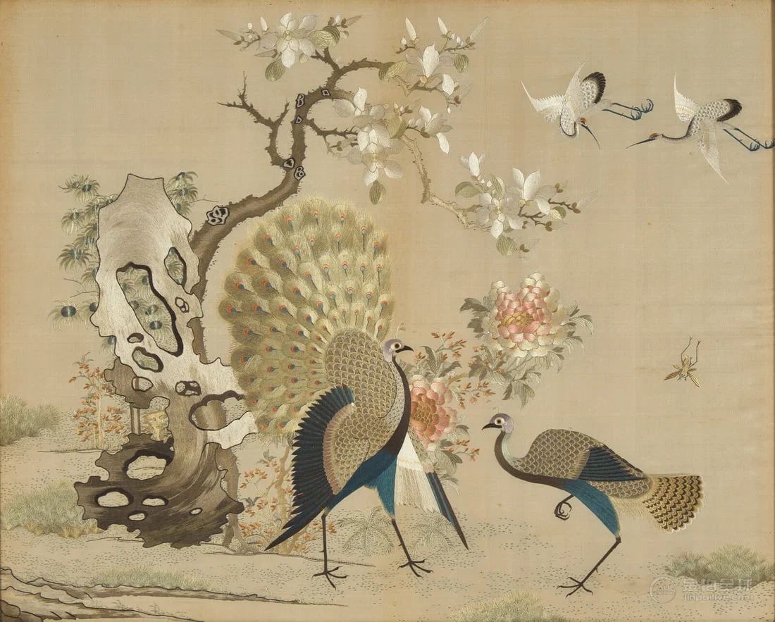 A Cantonese Silk Needlework "Peacocks and Cranes" Panel, 19th Century 图片2