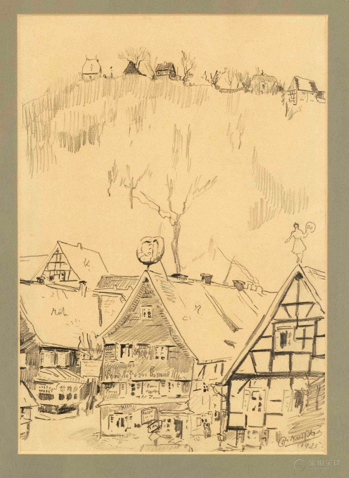 理查德·布洛斯（1878–1957），受印象派影响的杜塞尔多夫画派画家。 德国南部某村庄的风景。纸本铅笔画。右下角签名并标注1925年。尺寸约36×26厘米。装裱于玻璃框内。画框尺寸约51×40厘米。 图片1
