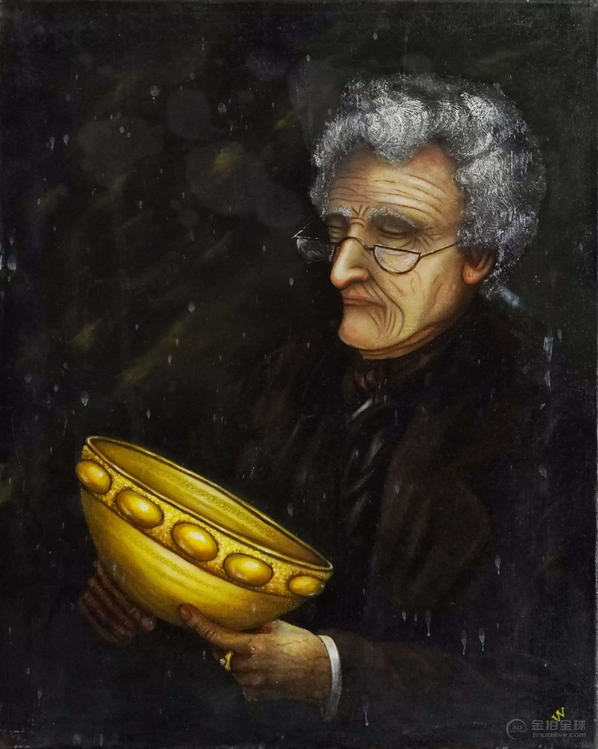 Study of an elderly female with a gold bowl, 20th century oil on canvas, indistinctly signed 图片1