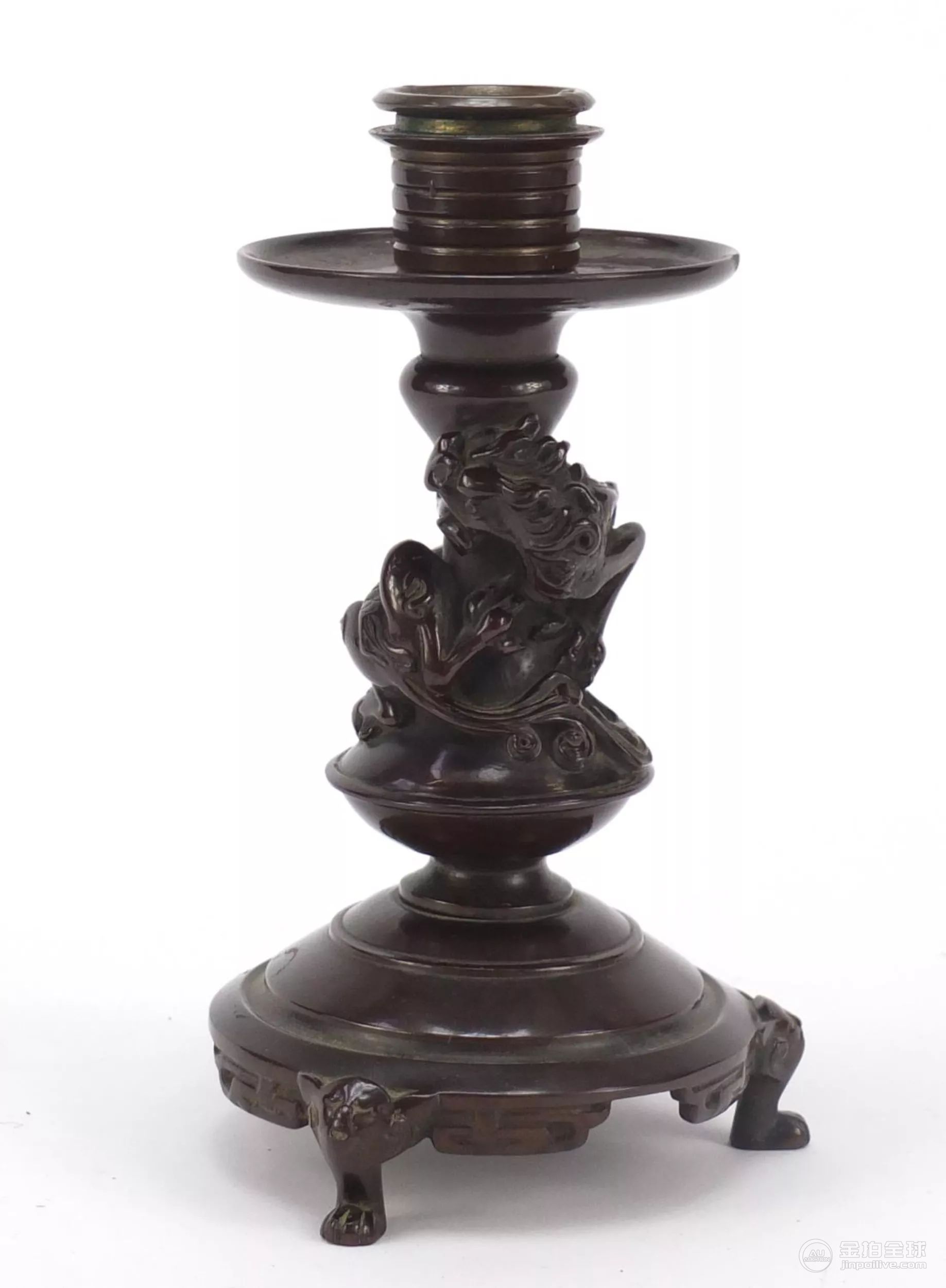 Japanese patinated bronze candlestick with dragon column, 16cm high 图片2