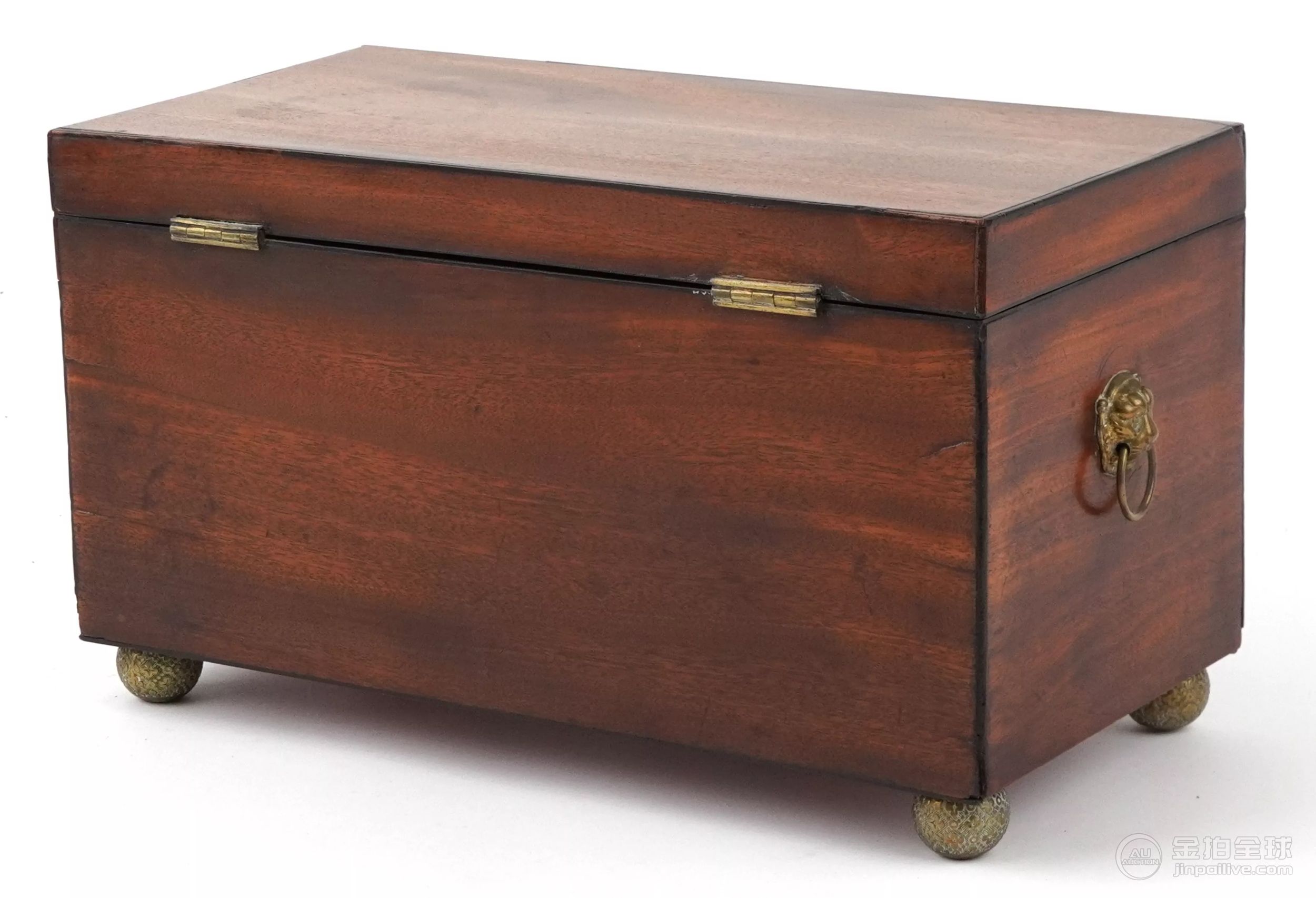 Edwardian mahogany twin divisional tea caddy with lion head handles and glass mixing bowl, 17.5cm 图片9
