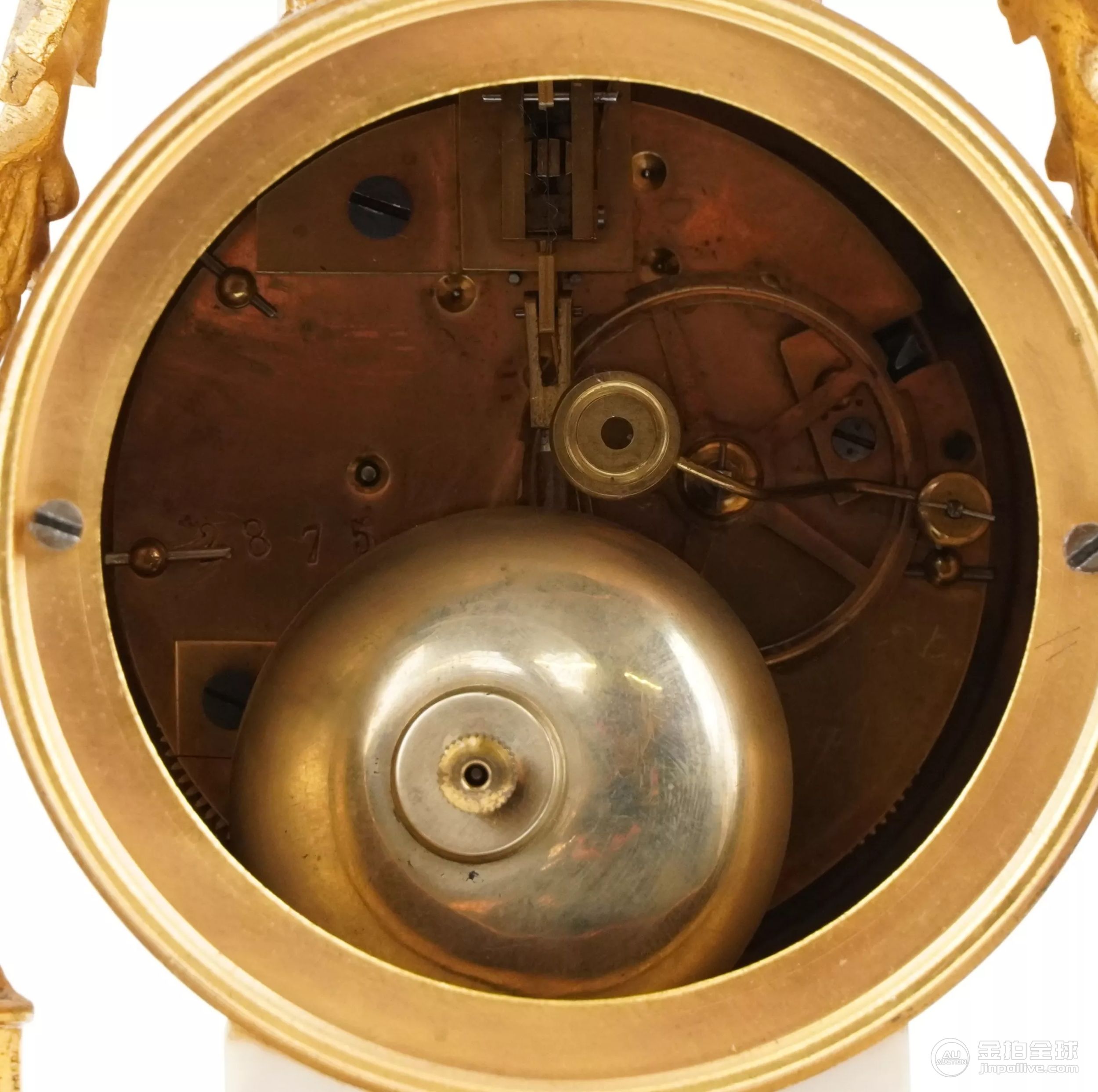 French Ravier gilt metal and marble three piece clock garniture, the enamelled dial with Arabic 图片4