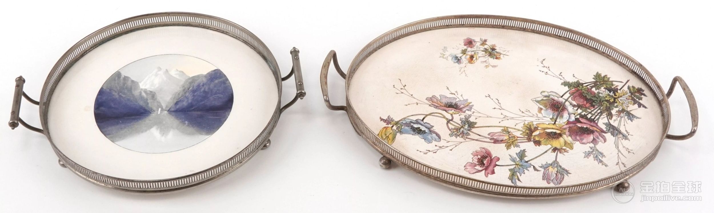 Four antique silver plated and ceramic trays including a WMF example hand painted with a mountainous 图片2