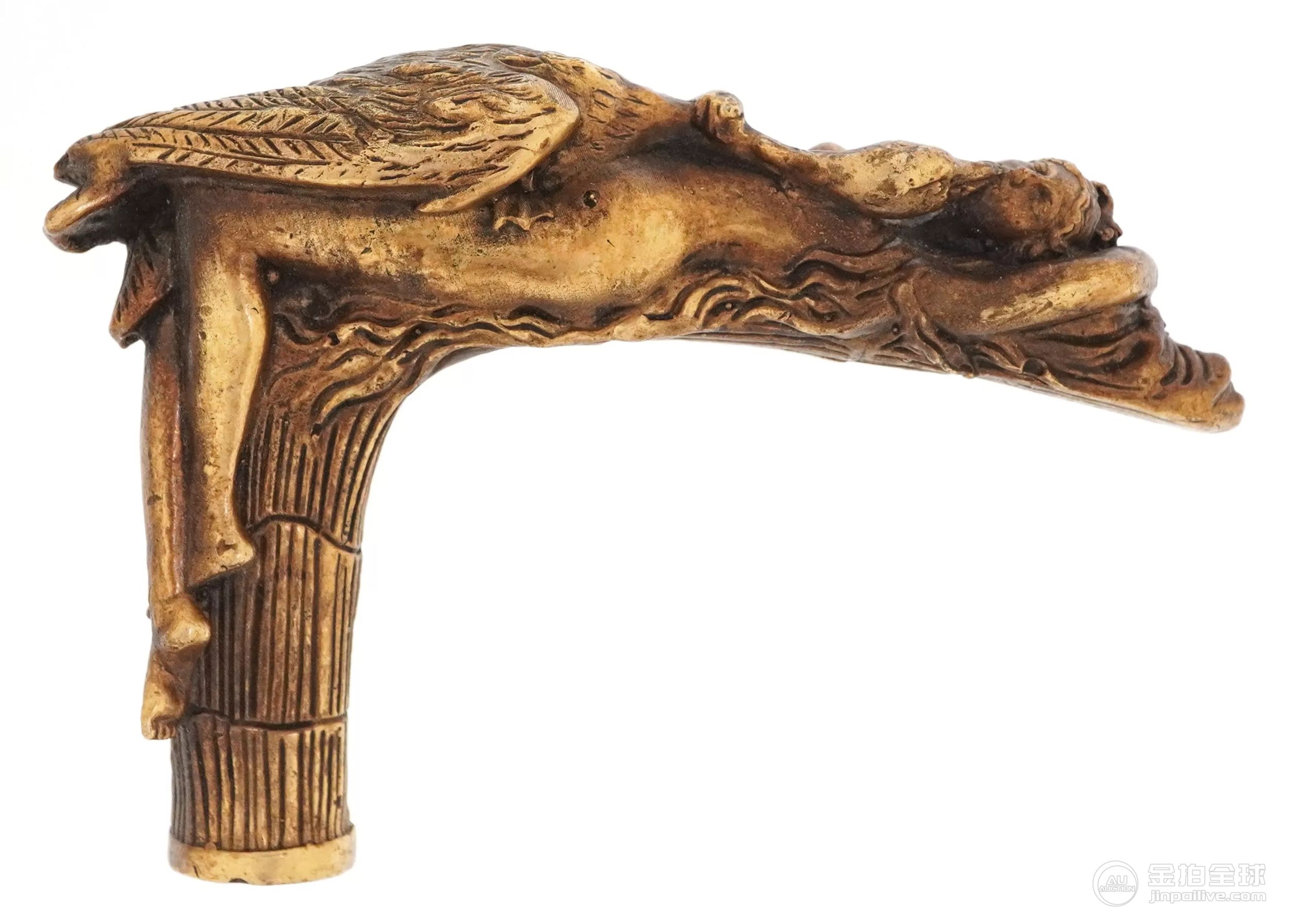 Art Nouveau style bronzed walking stick handle in the form of a nude female with swan, 10cm in 图片1