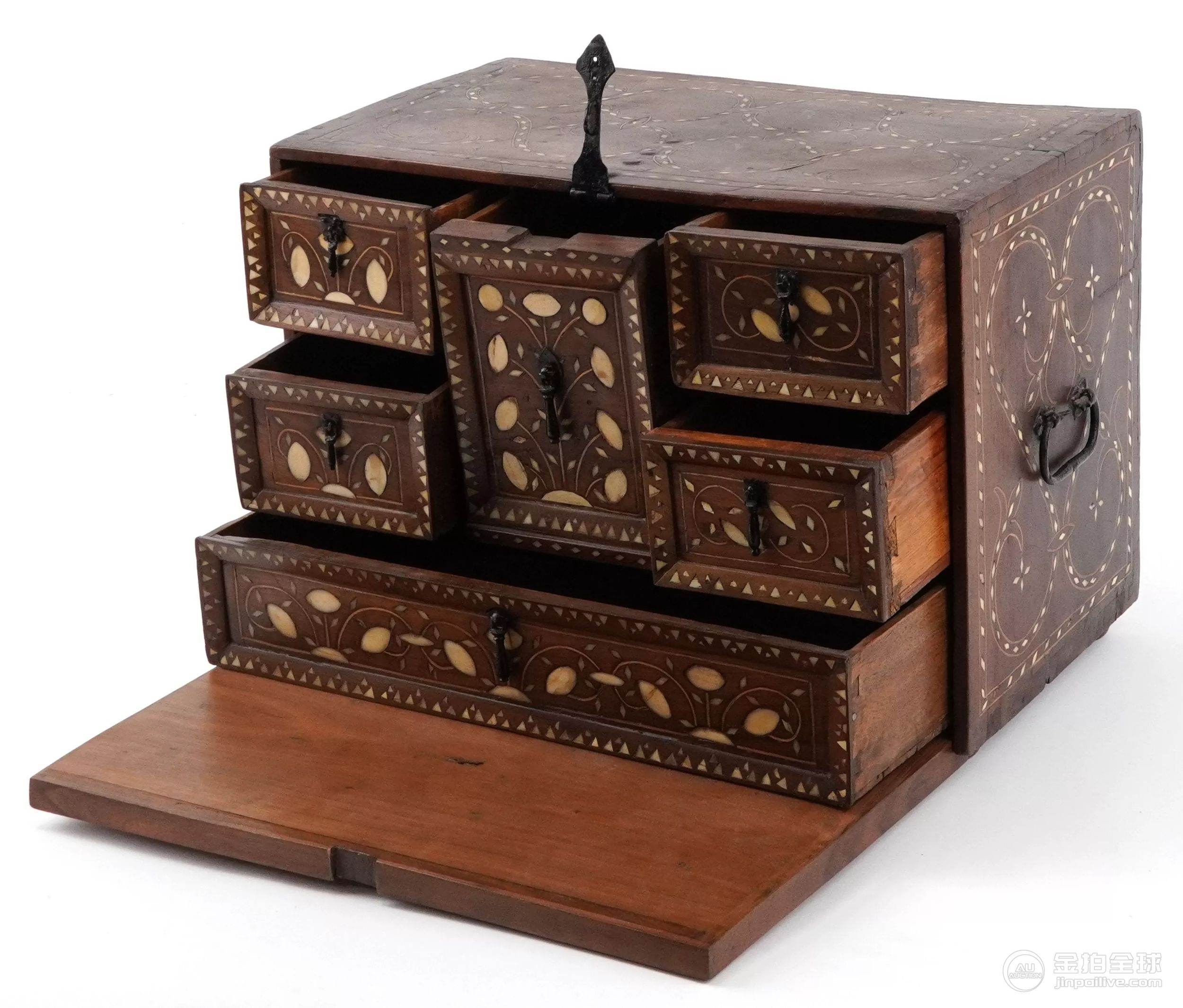 Antique Ottoman table cabinet with bone inlay, fitted with a fall enclosing six drawers, 36cm H x 图片1